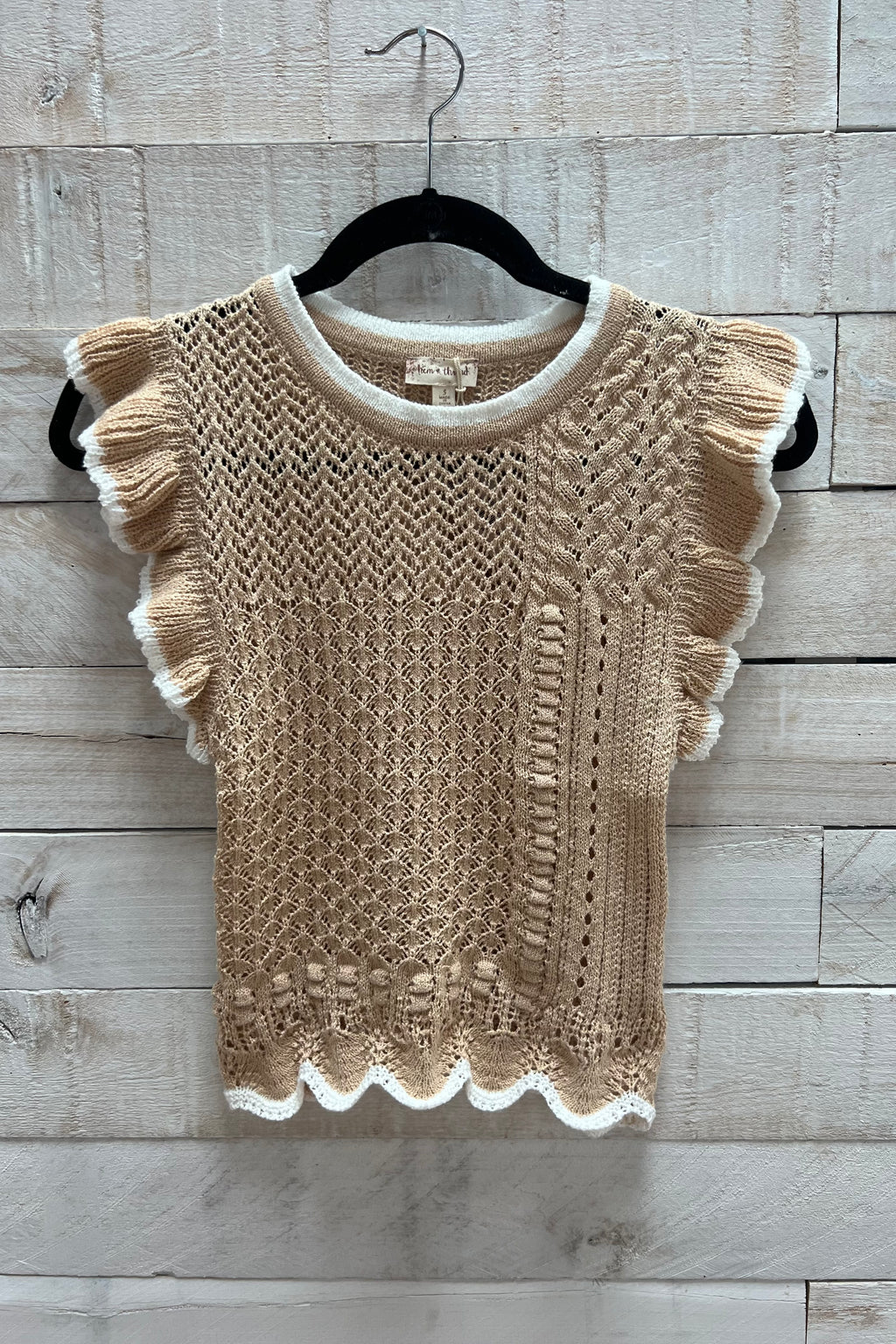Ruffled Knit Top- Taupe/White