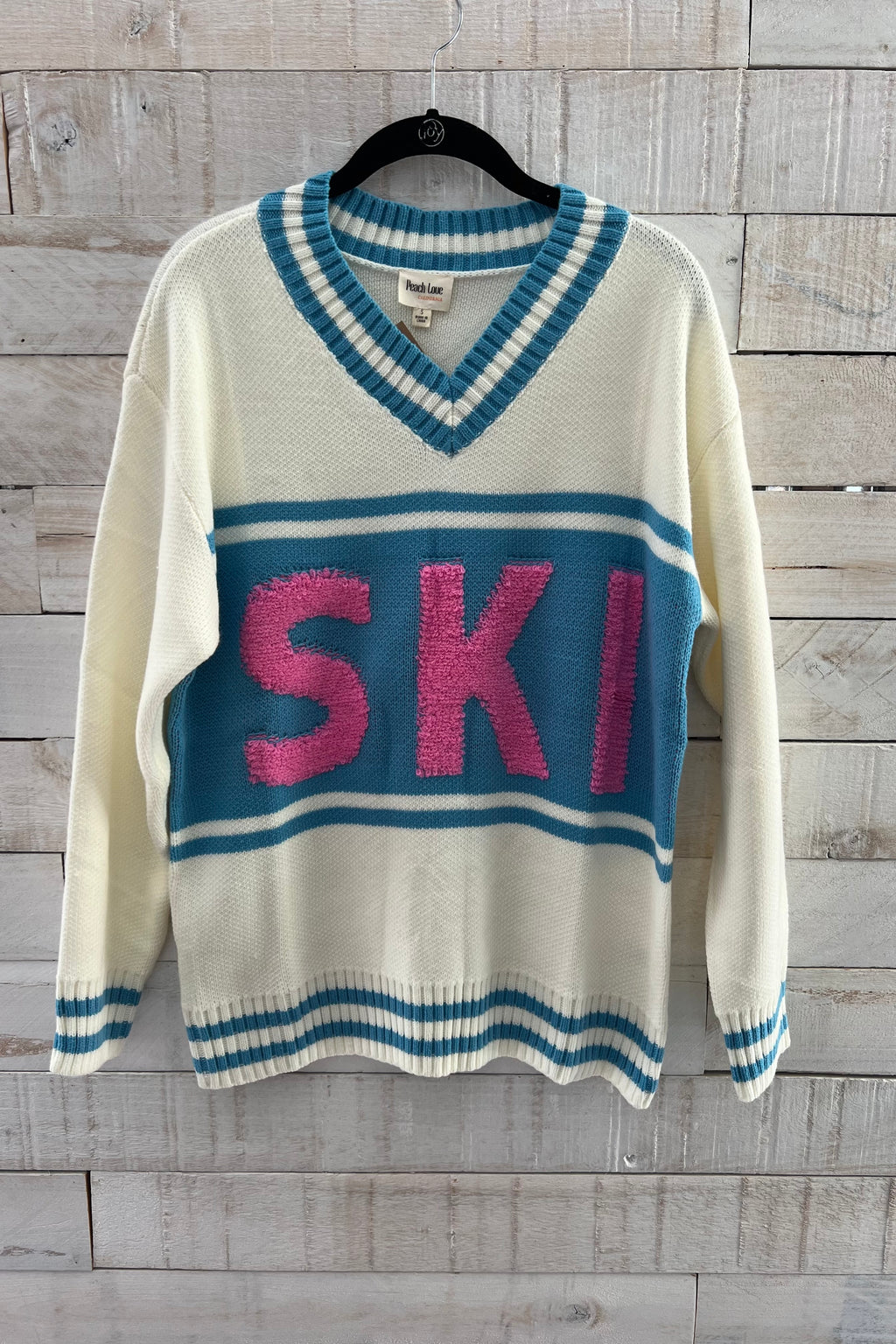 "SKI" Color Block Sweater- Ivory/Blue