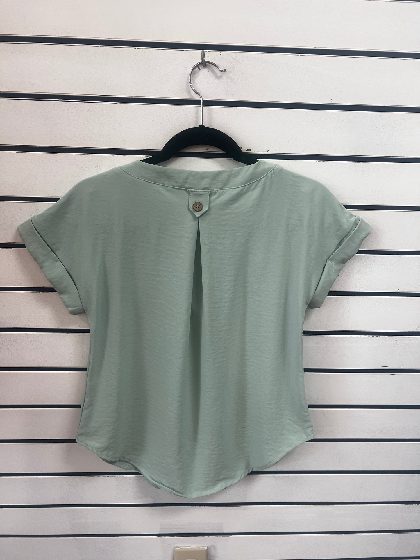 V Neck Cuff Sleeves Back Tab Pintuck Detail Top