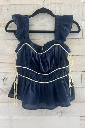 Ruched Ruffled Top- Navy