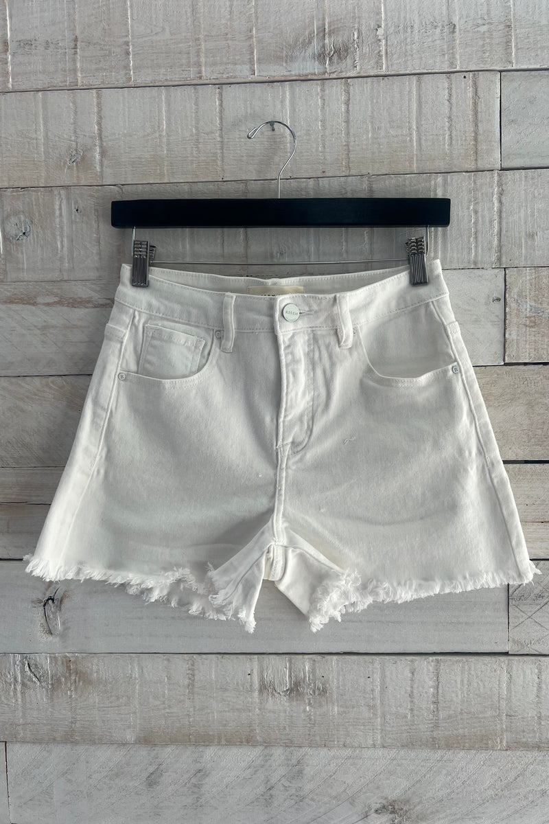 High Rise Frayed Shorts- White
