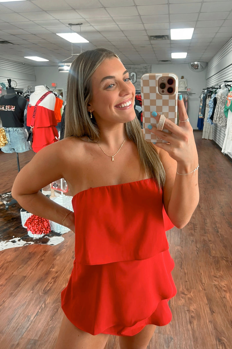 Strapless Tiered Romper- Red
