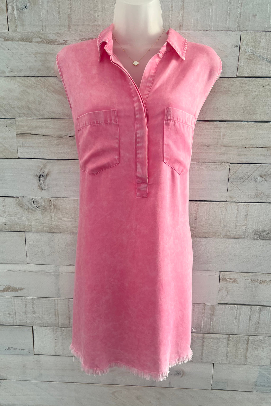 Sleeveless Shirt Dress- Pink
