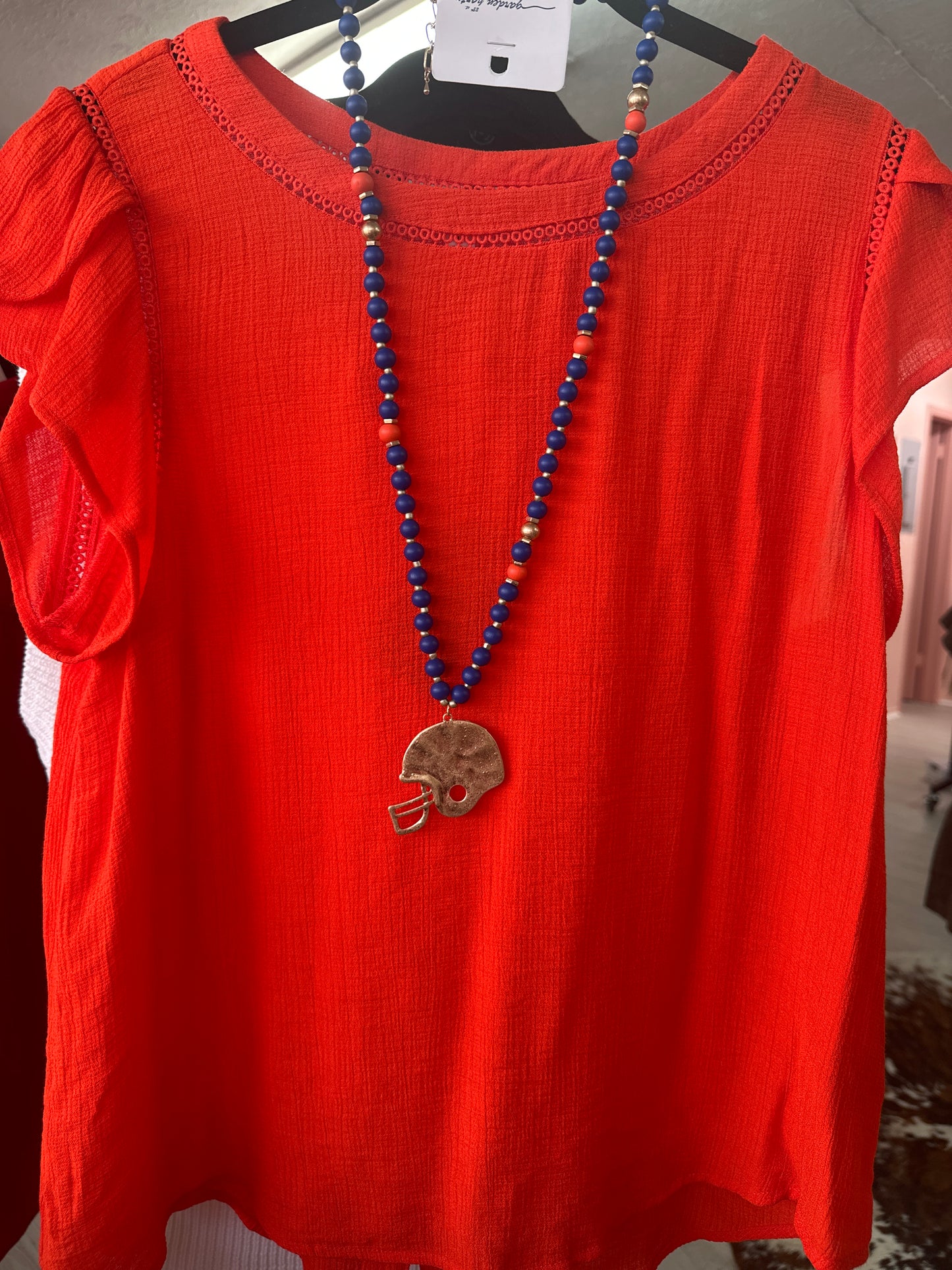 Game Day Beaded Football Necklace with Gold Helmet