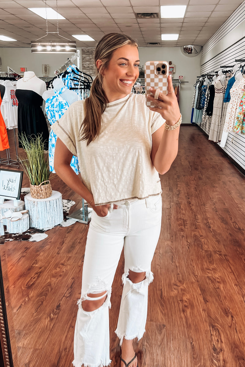 High Rise Distressed Straight Jeans- Cream