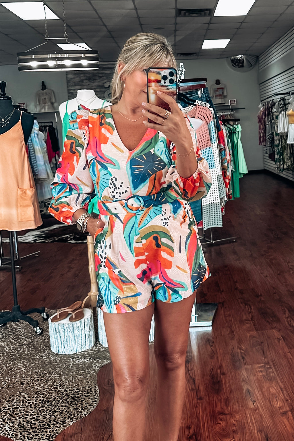 Tropical Print Belted Romper- Multi Colored