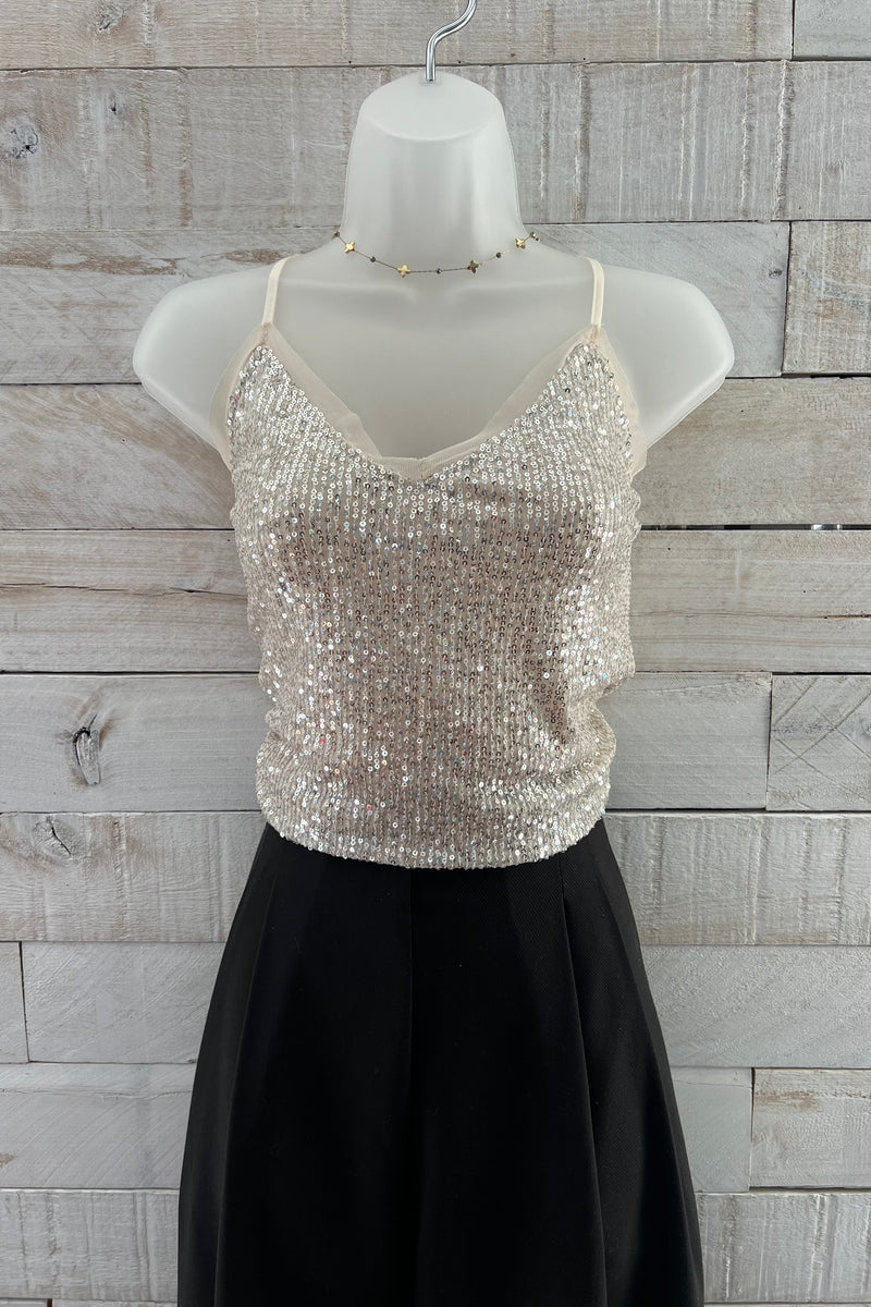 Mesh Sequin Tank Top- Champagne