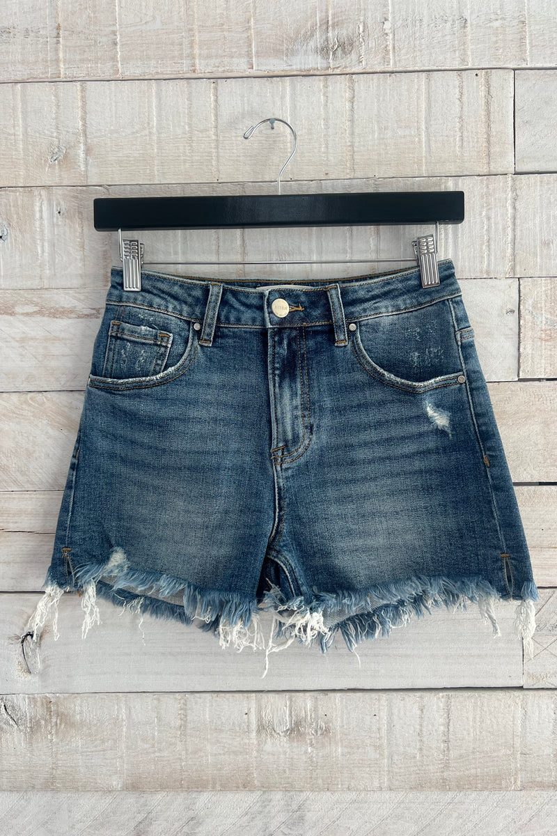 High Rise Side Slit Shorts- Medium Wash