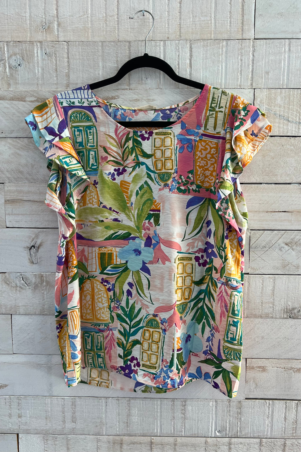 Ruffled Abstract Print Top- Yellow