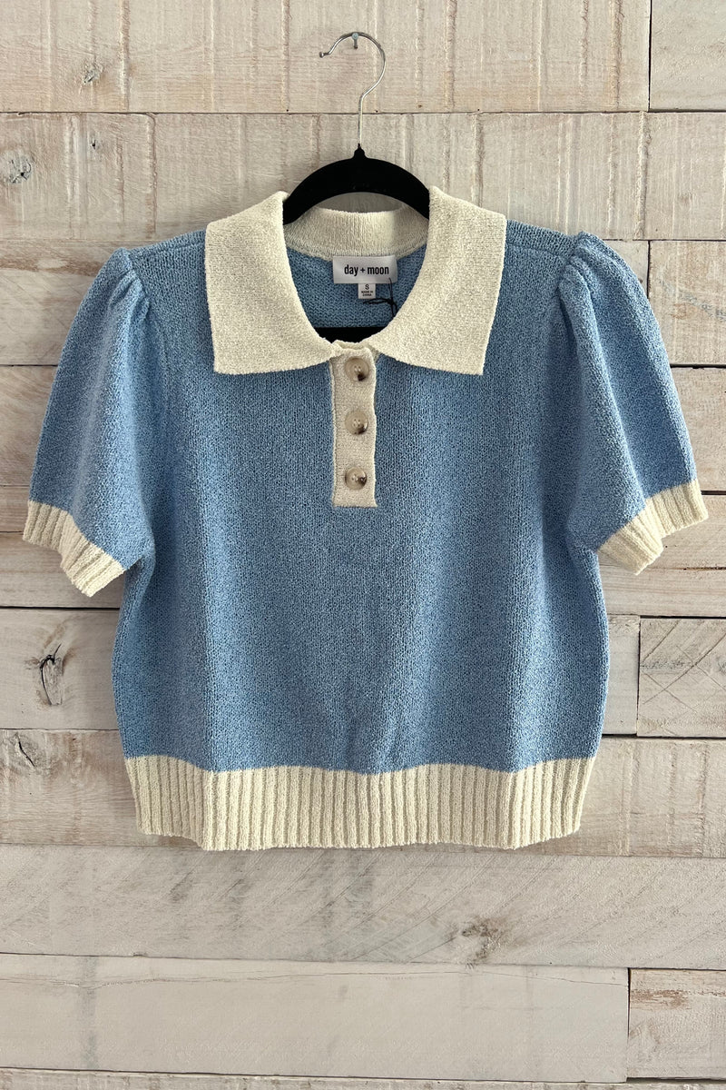 Button Down Sweater Top- Blue/White