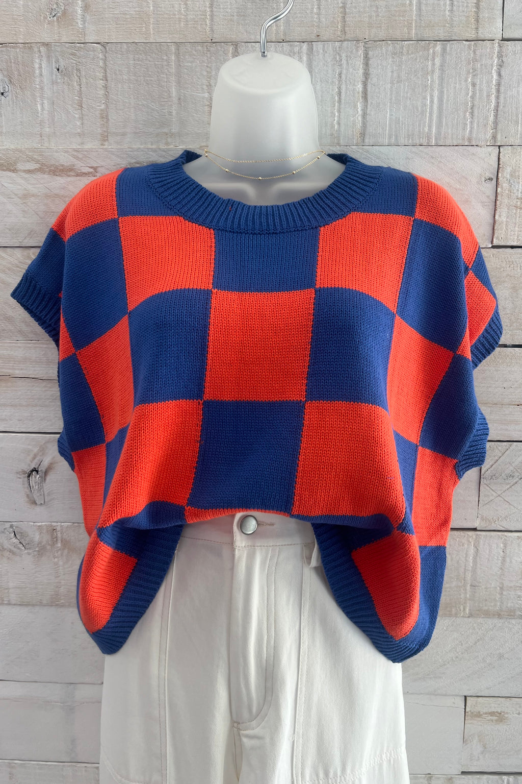 Checker Knit Top- Orange/Blue