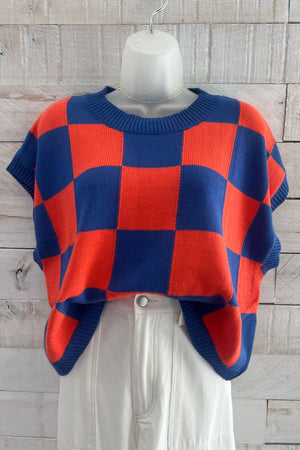 Checker Knit Top- Orange/Blue