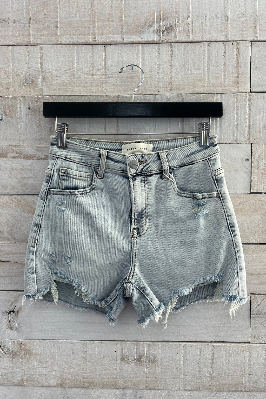 High Rise Distressed Shorts- Light Wash