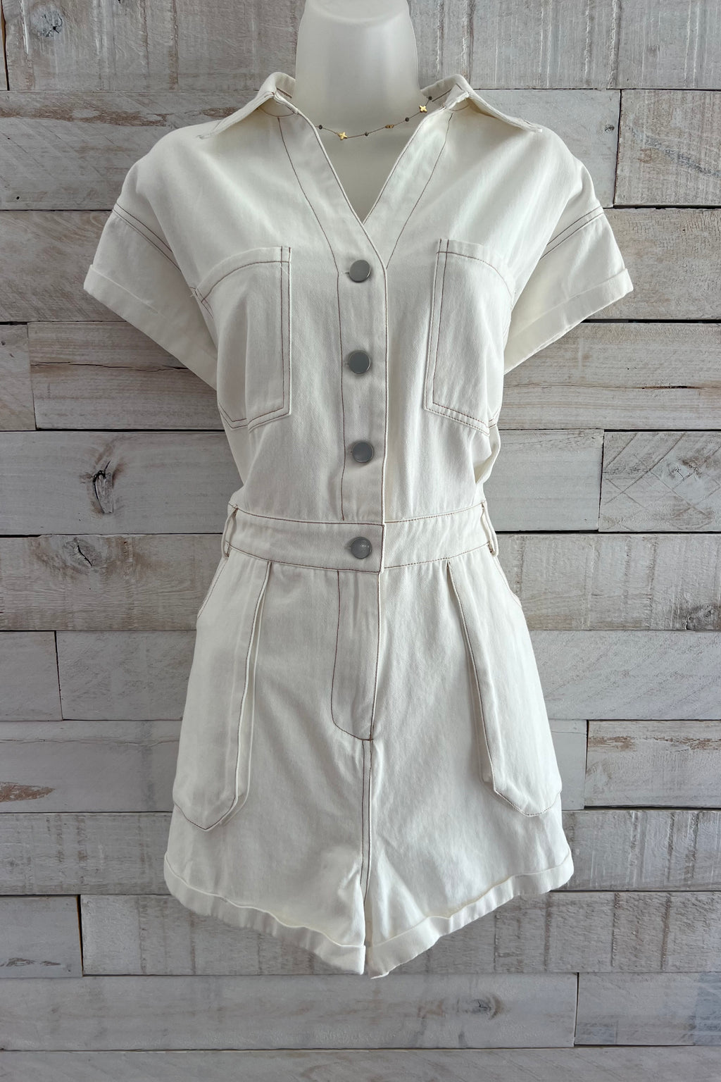 Button Down Denim Romper- Off White