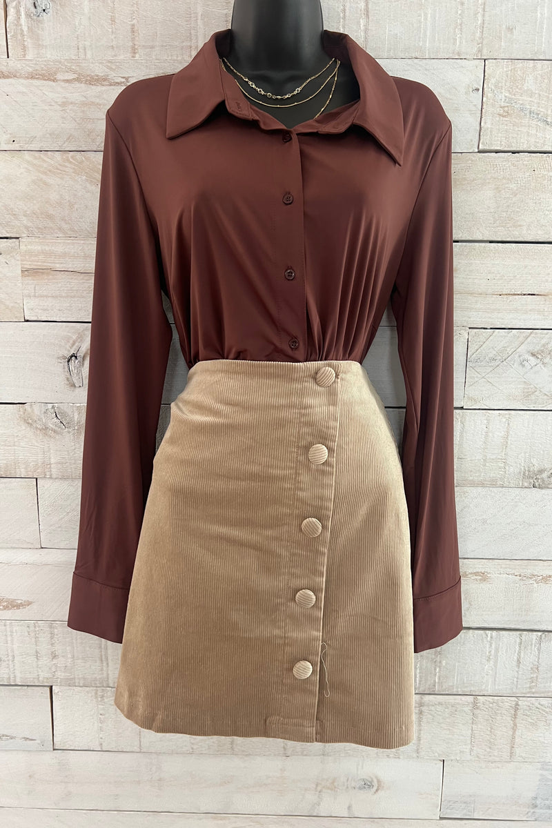 Button Down Bodysuit- Brown
