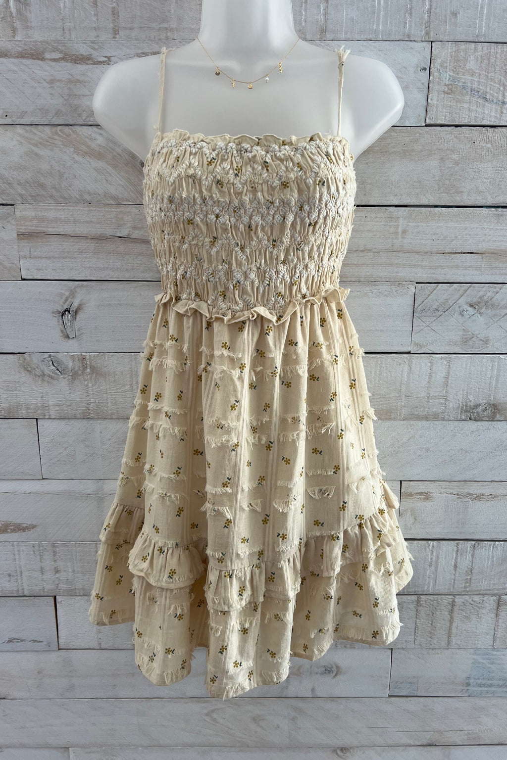 Textured Embroidered Dress- Natural