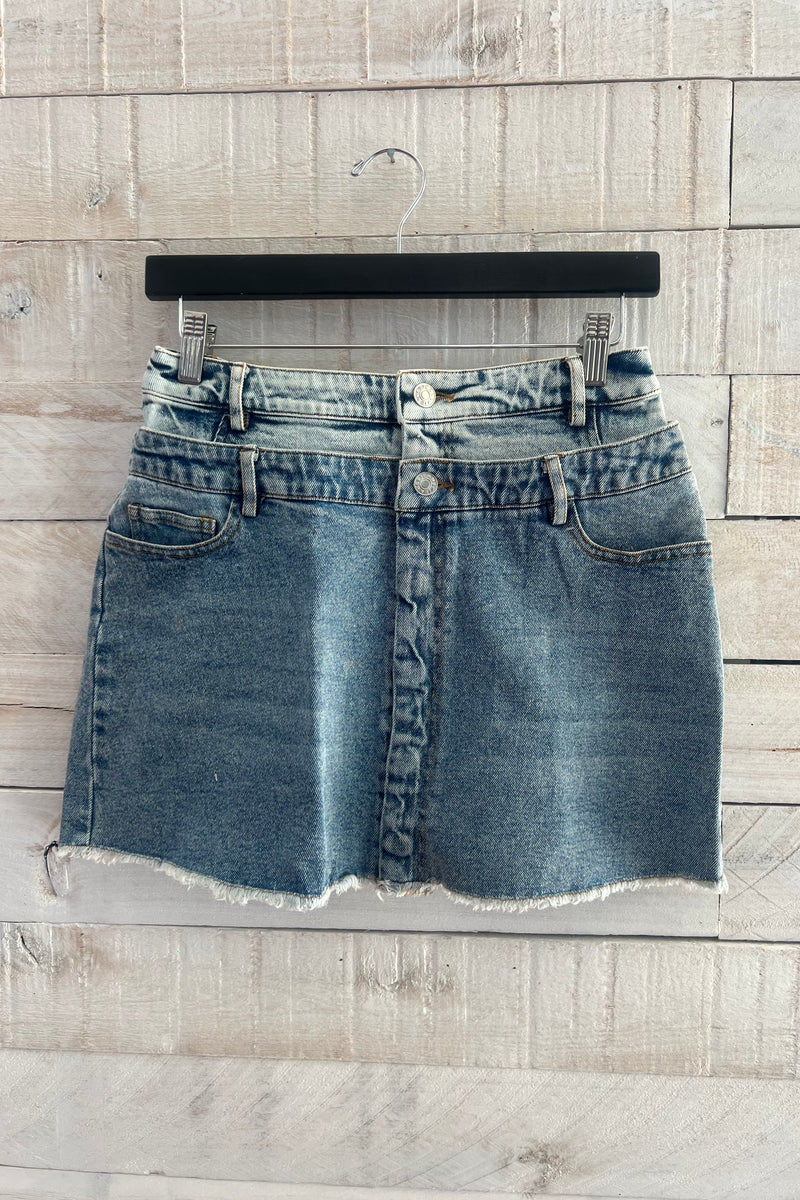 Two Tone Frayed Skirt- Light/Medium Wash