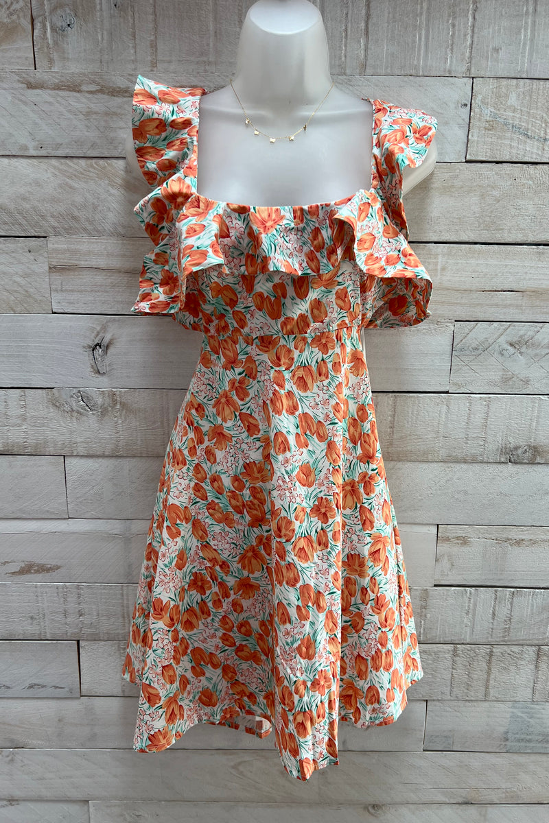 Floral Print Flare Dress- Orange