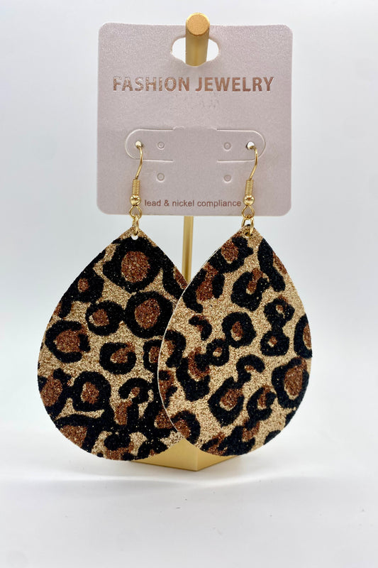 Glitter Leopard & Leather Teardrop Earrings