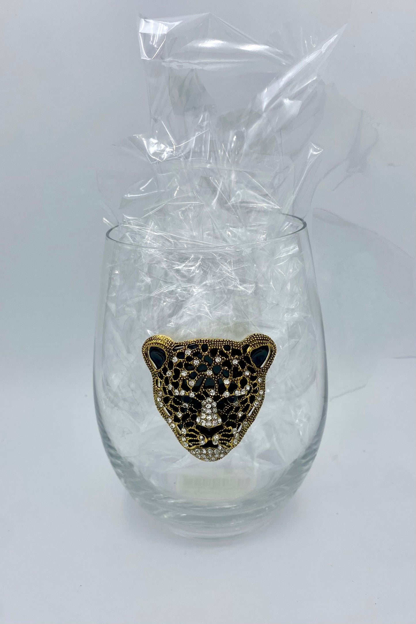 Gold and Black Leopard Jeweled Stemless Wine Glass