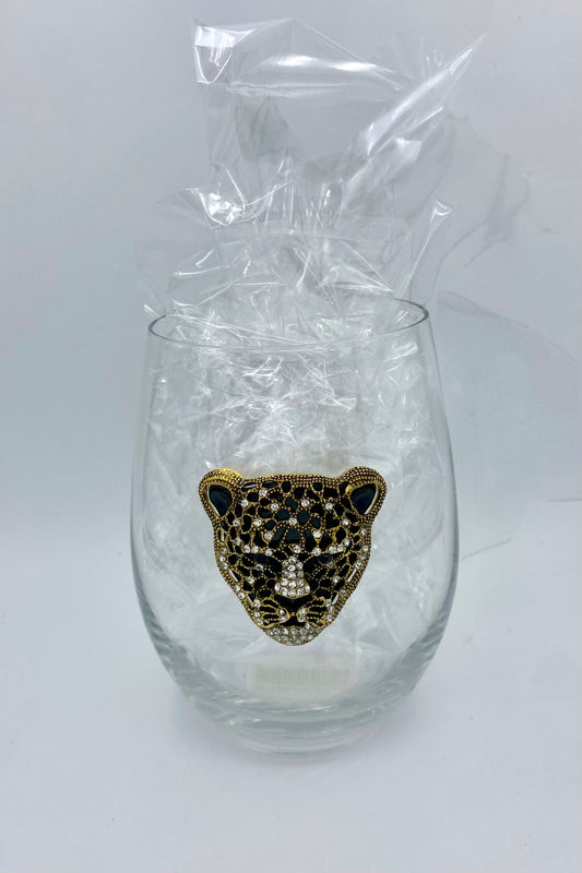 Gold and Black Leopard Jeweled Stemless Wine Glass