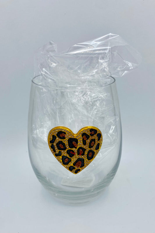 Leopard Heart Jeweled Stemless Wine Glass