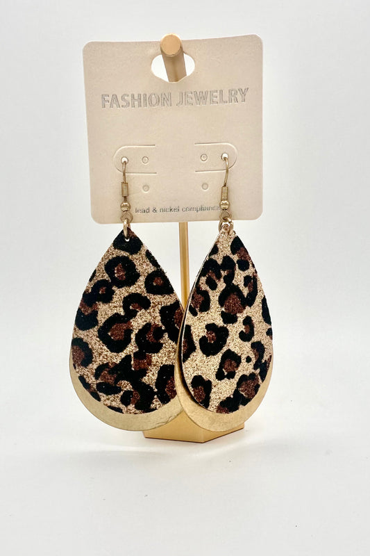 Glitter Leaopard & Gold Teardrop Earrings