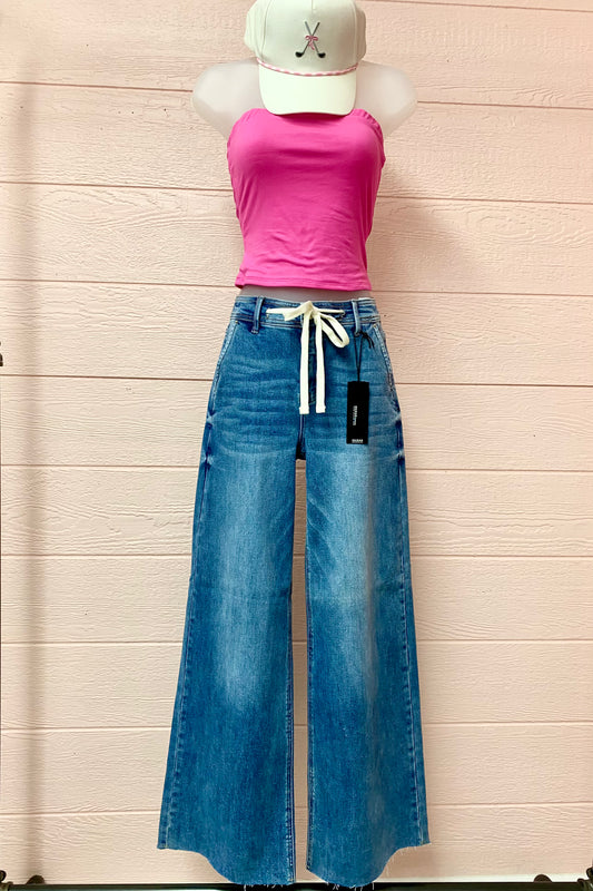 Wide Cut Shoestring Waist Jeans