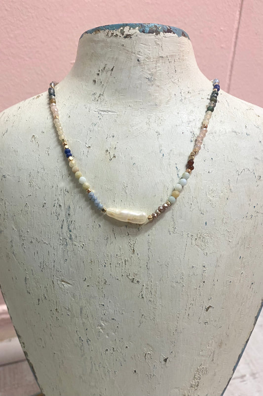 Pearl Bar Charm & Glass Bead Choker