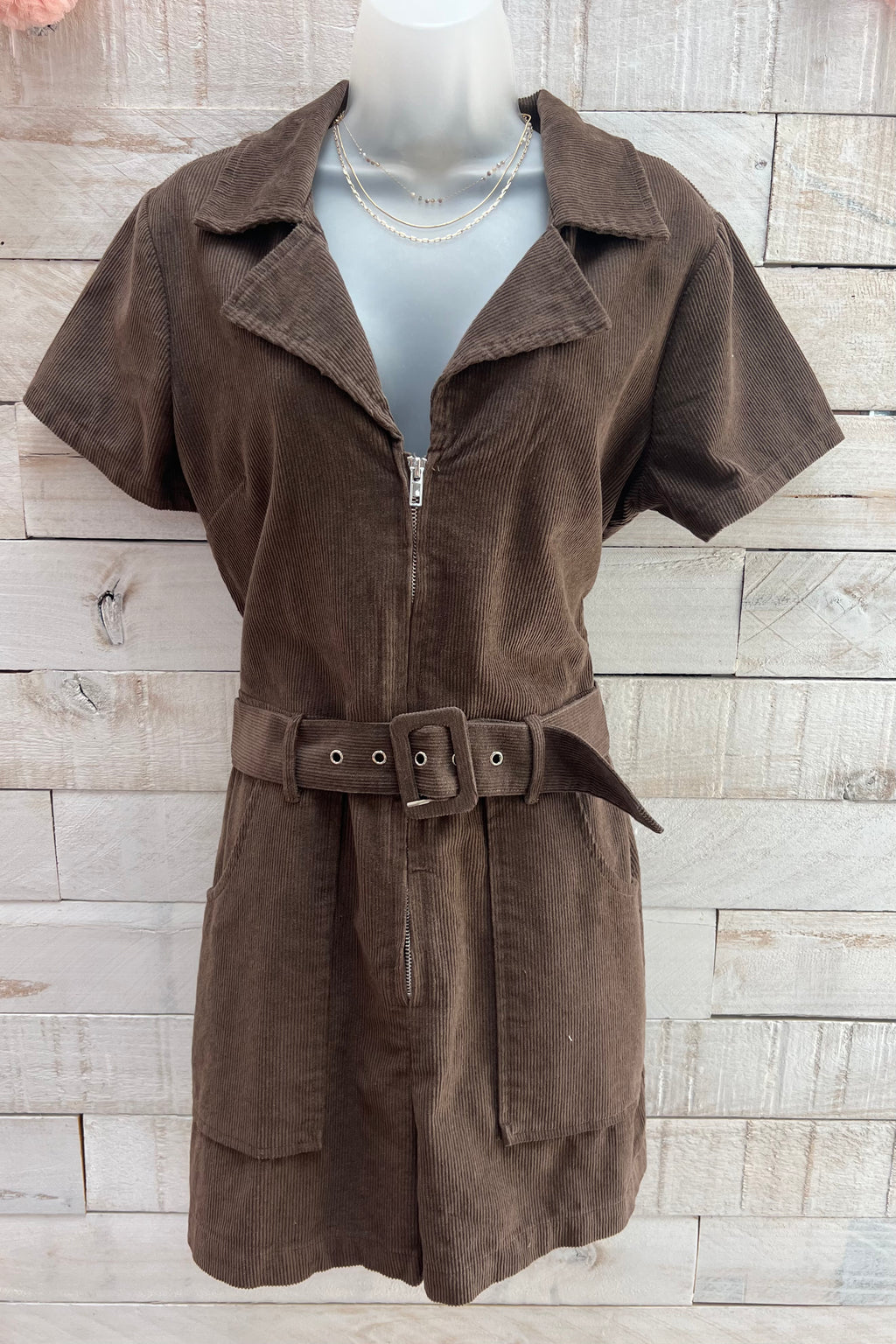 Corduroy Front Zipper Romper- Mocha