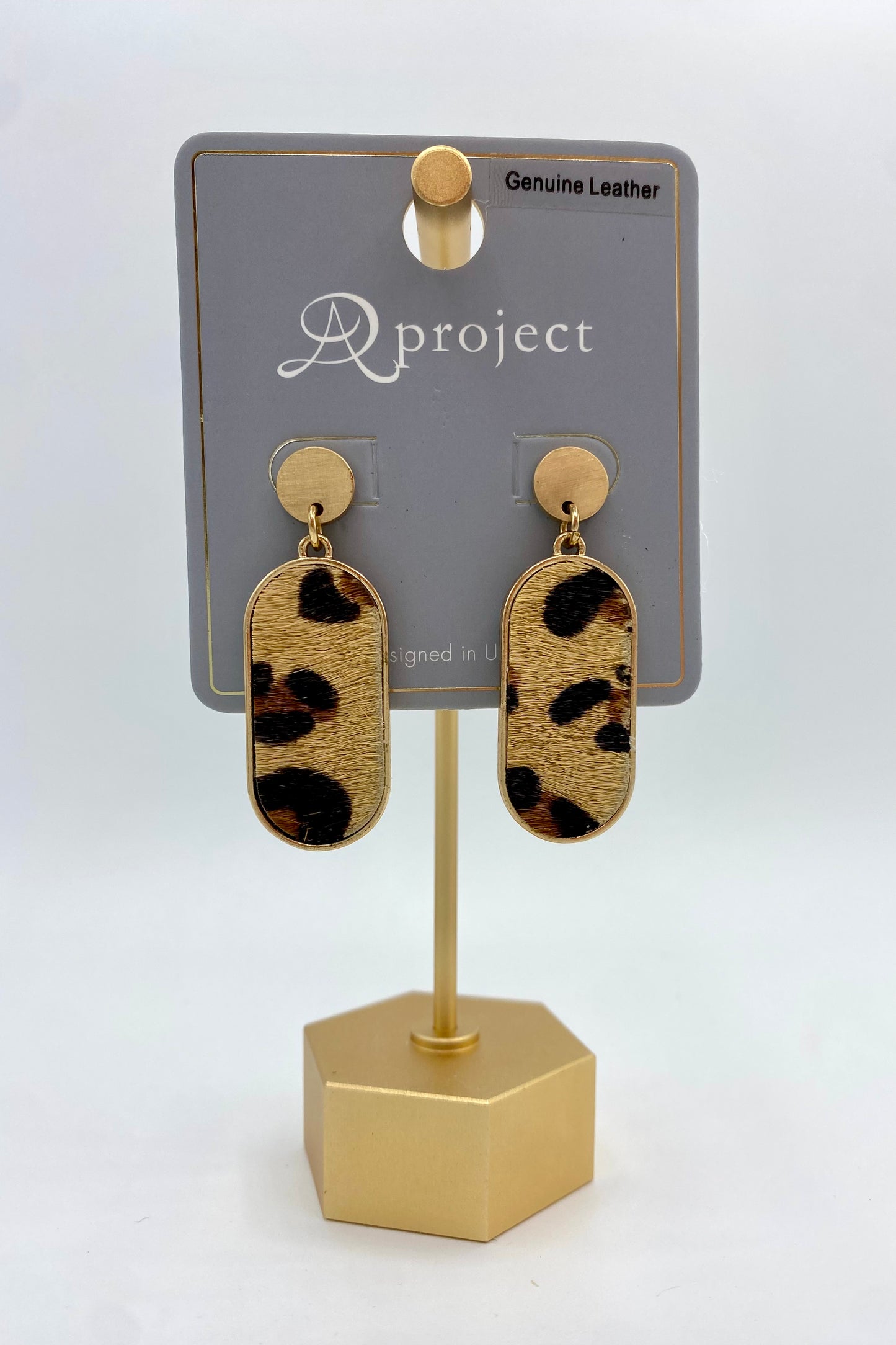 Brown Leather Leopard Oval Earrings