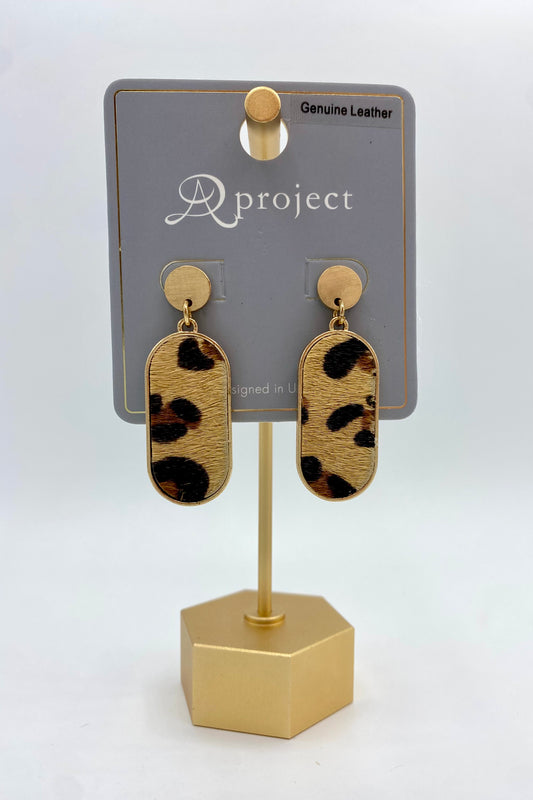 Brown Leather Leopard Oval Earrings