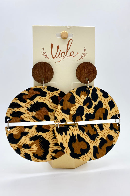 Leopard & Wood Disc Earrings