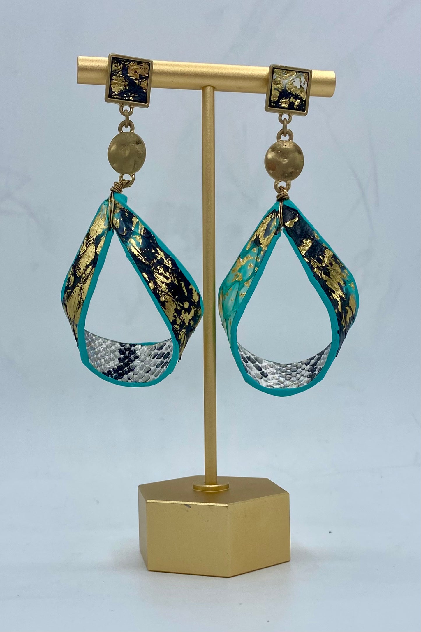 Turquoise Printed Gold Flake Earrings
