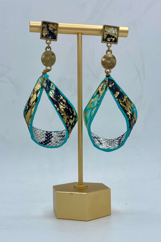 Turquoise Printed Gold Flake Earrings
