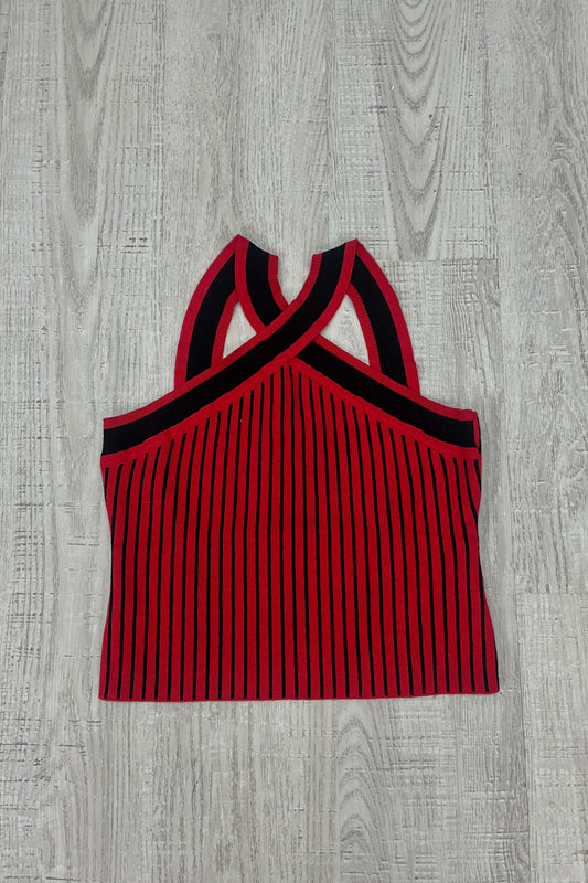 "X" Halter Neckline Contrast Colored Stripe Top