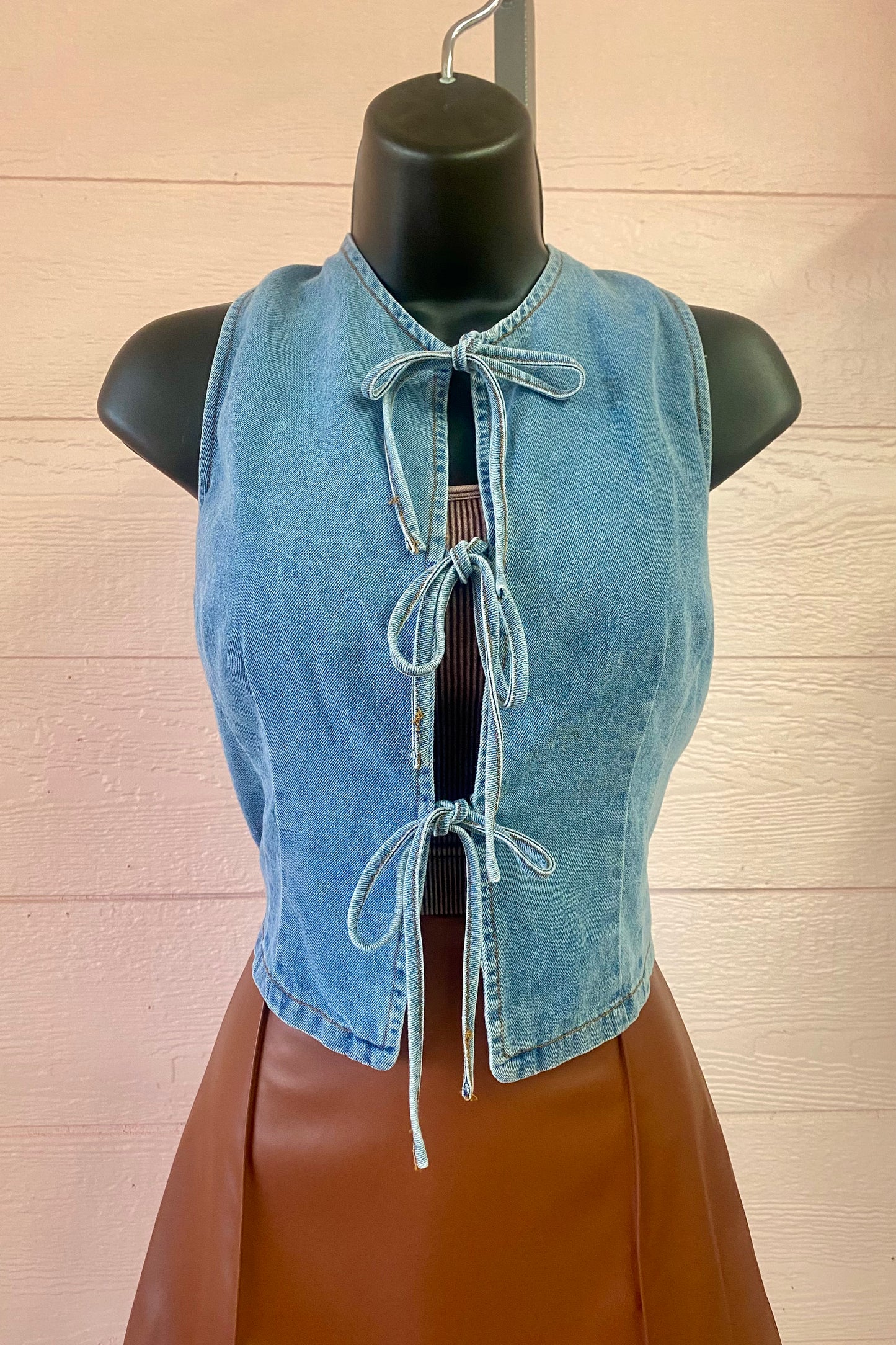 Washed Denim Vest Tie Front
