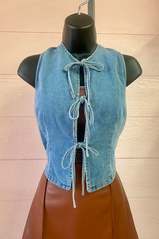 Washed Denim Vest Tie Front