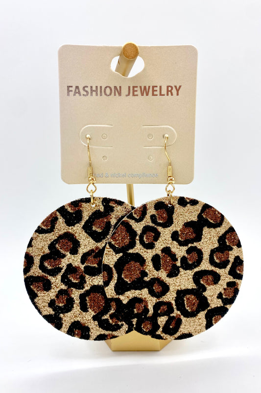 Glitter Leopard & Leather Disk Earrings