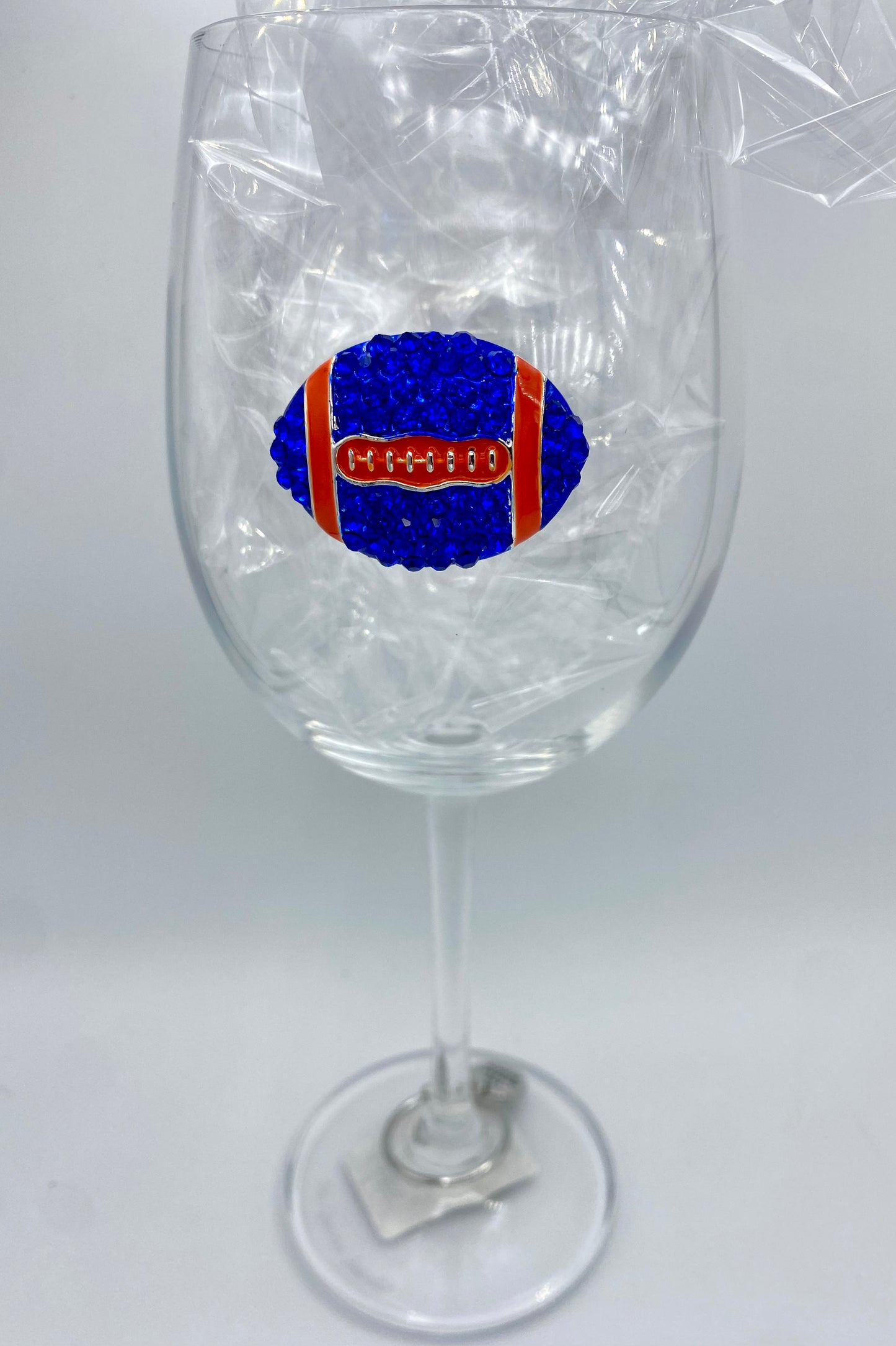 Orange and Blue Jeweled Football Stemmed Wine Glass