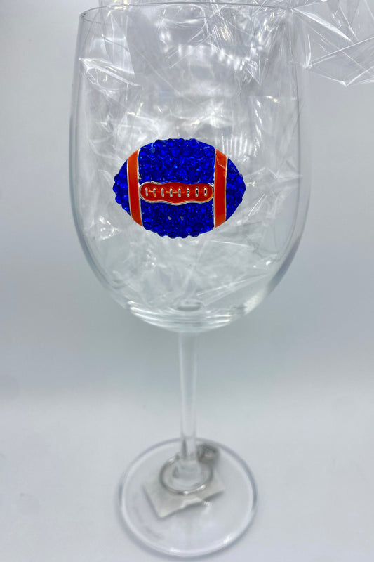 Orange and Blue Jeweled Football Stemmed Wine Glass