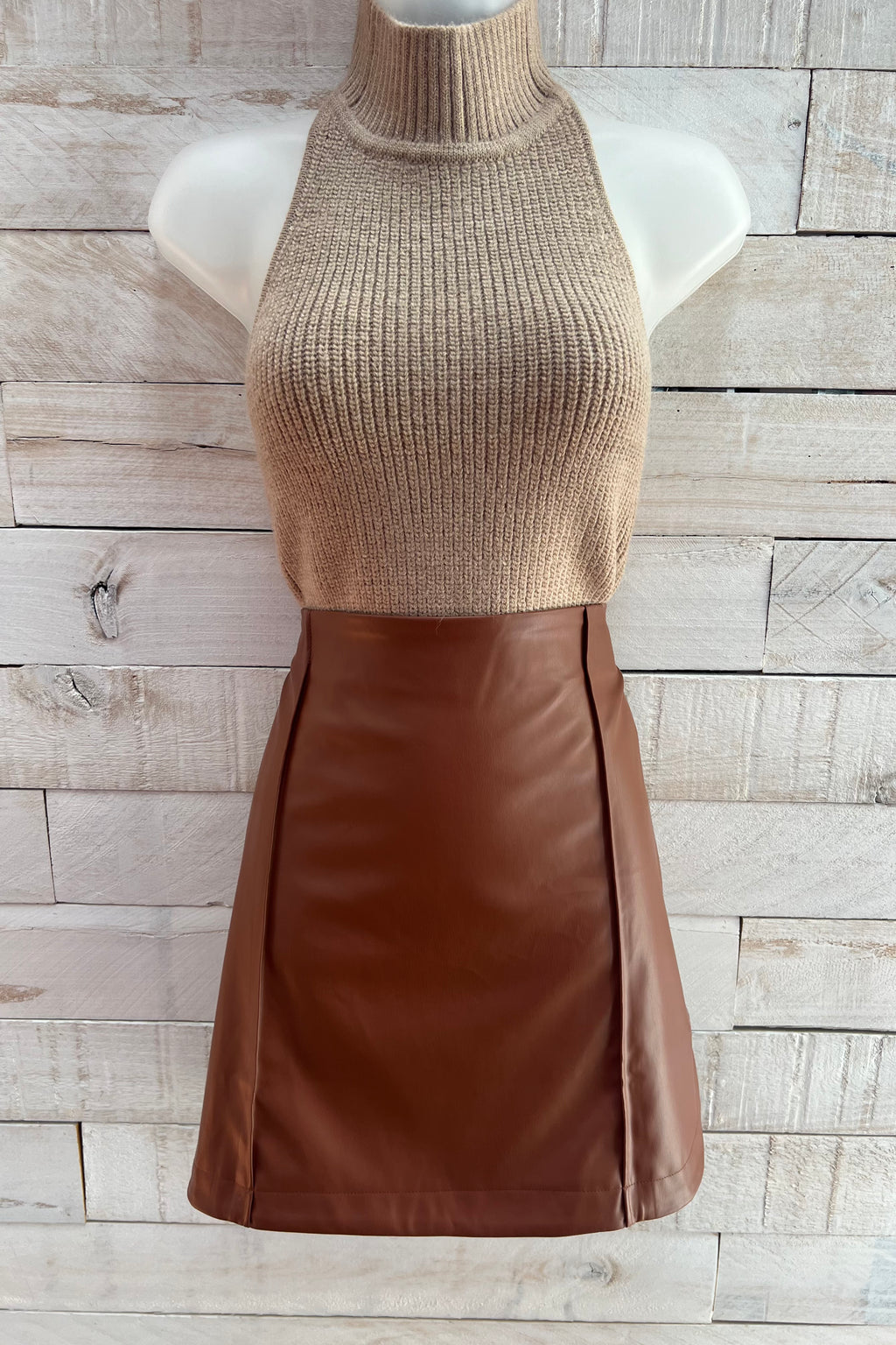 Pleather Mini Pencil Skirt - Brown