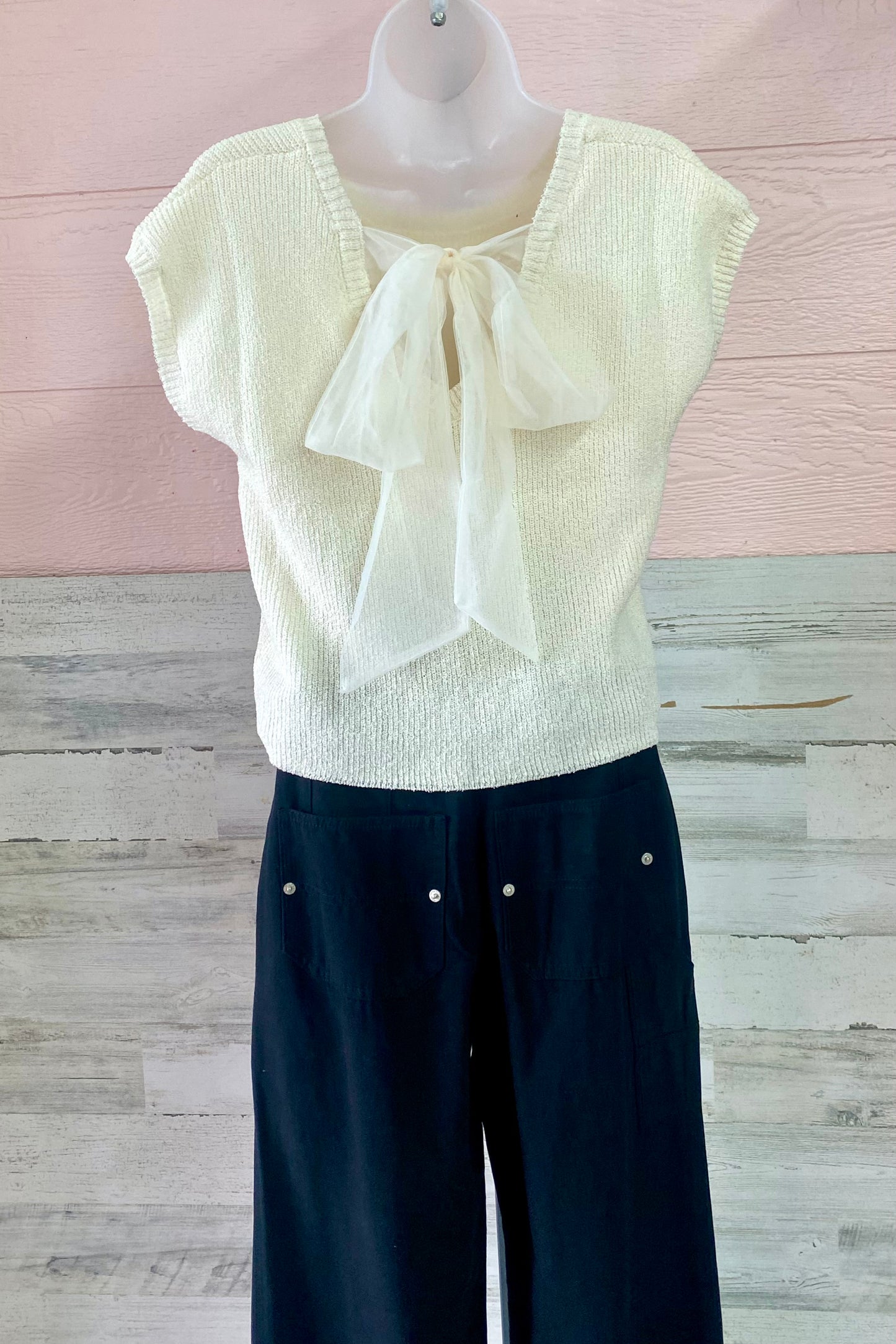 Back Tie Knitted Short Sleeved Sweater