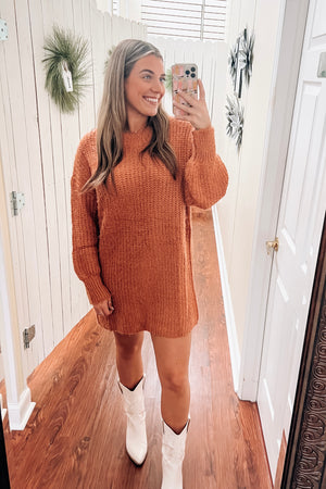 Fuzzy Sweater Dress- Rust