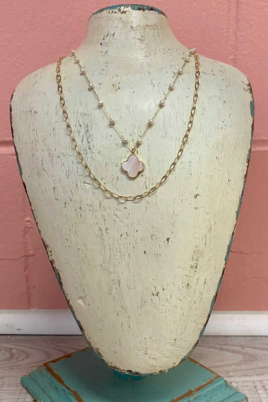Layered Pearl Station with Clover Pendant Necklace