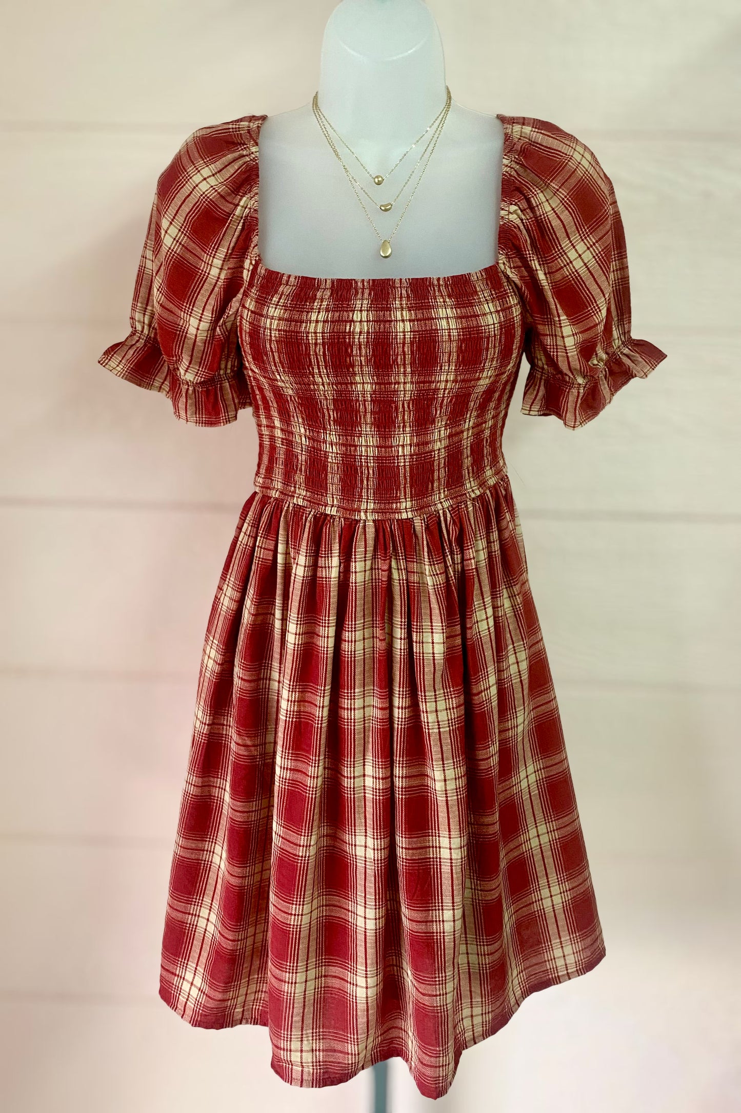Plaid Puffed Sleeve Dress