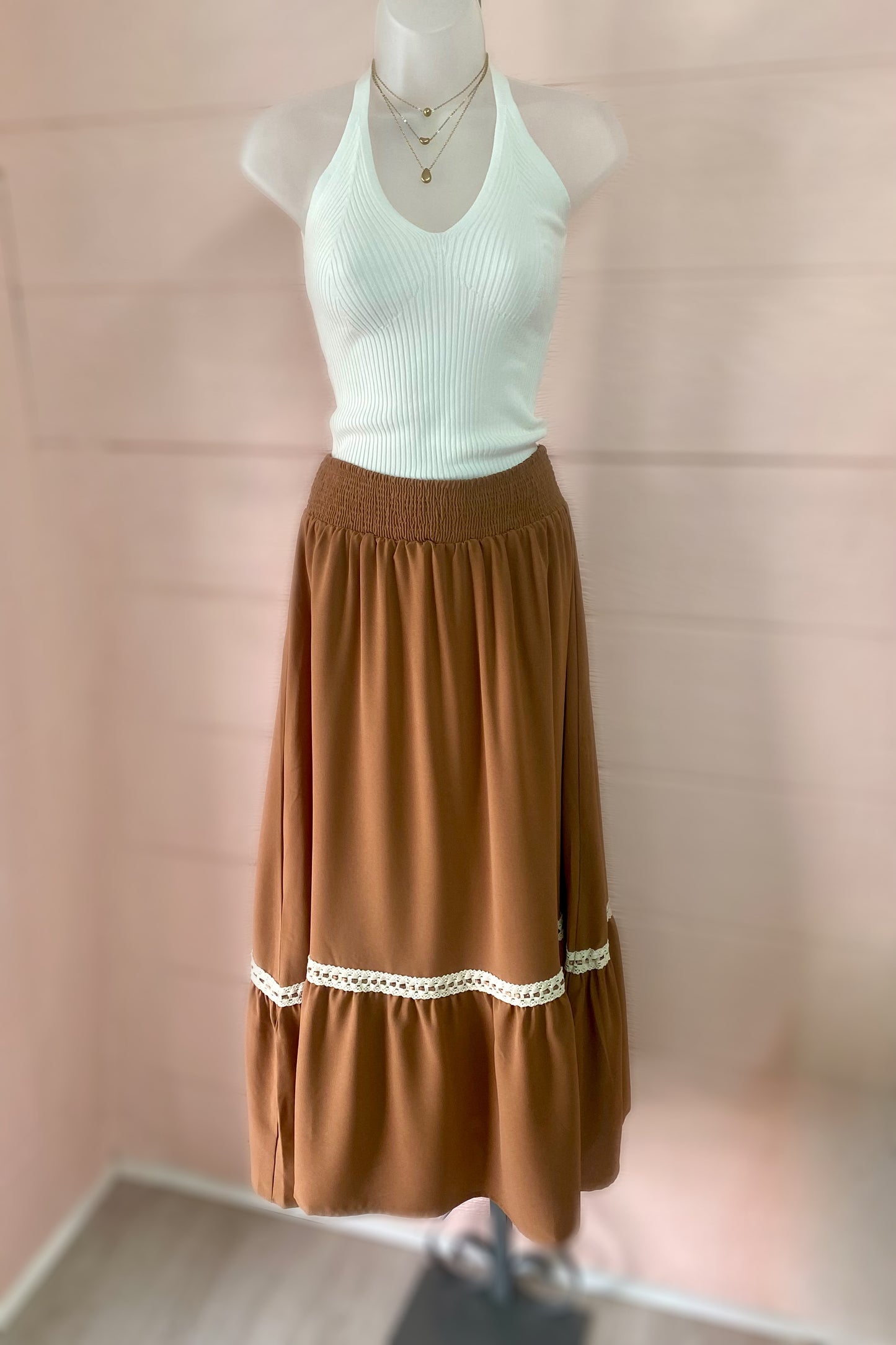 Lace Trim Smocked Waist Midi Skirt
