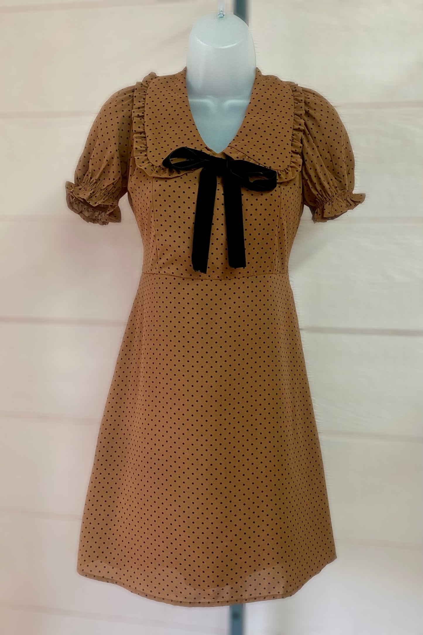 Polka Dot Collared Velvet Tie Mini Dress