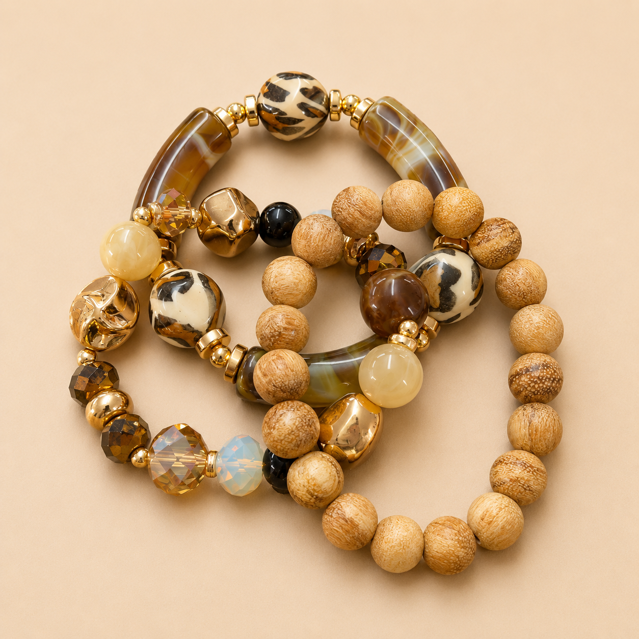 3 Row Wood & Bead Bracelet Set