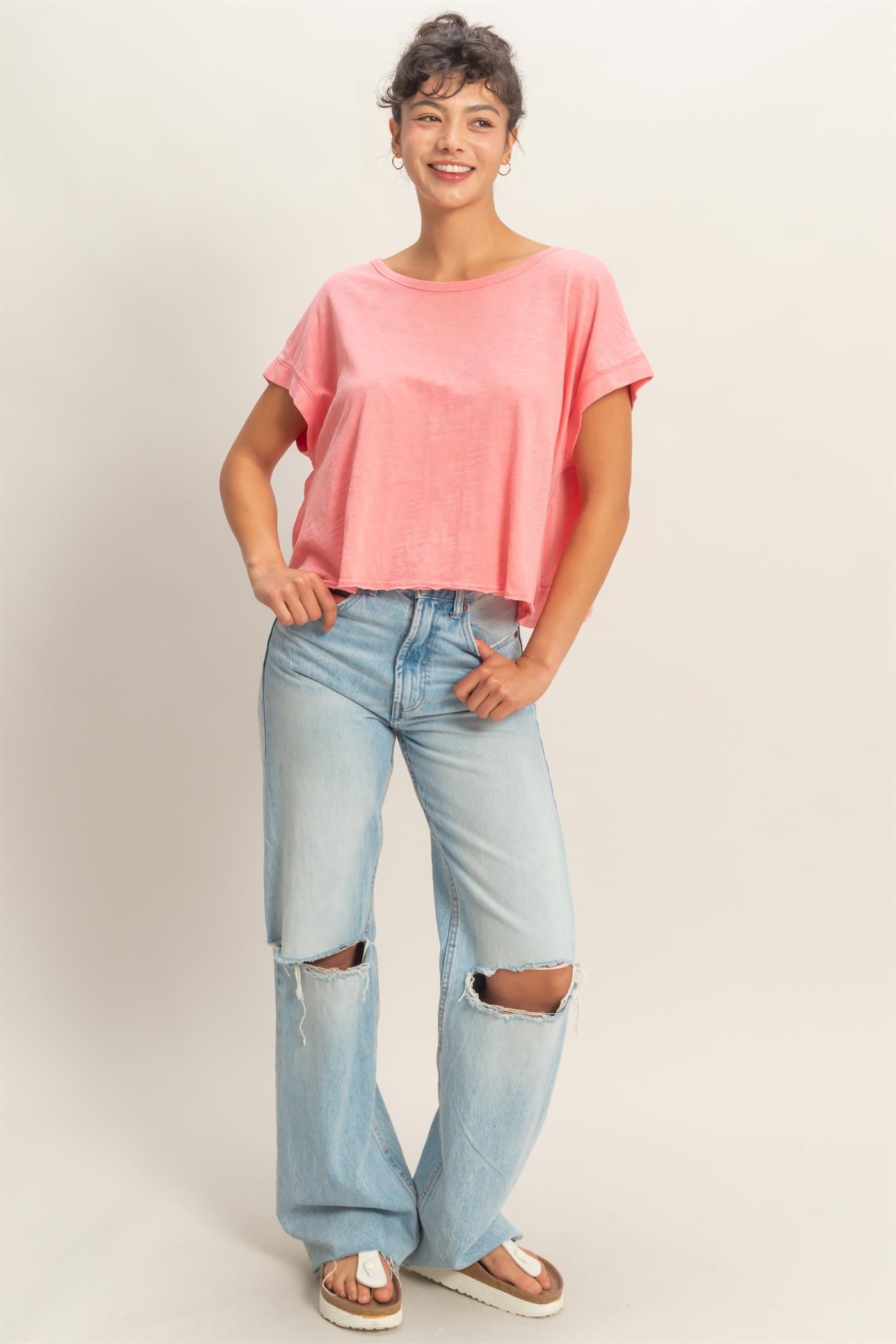 Acid Washed Open Back Casual Top